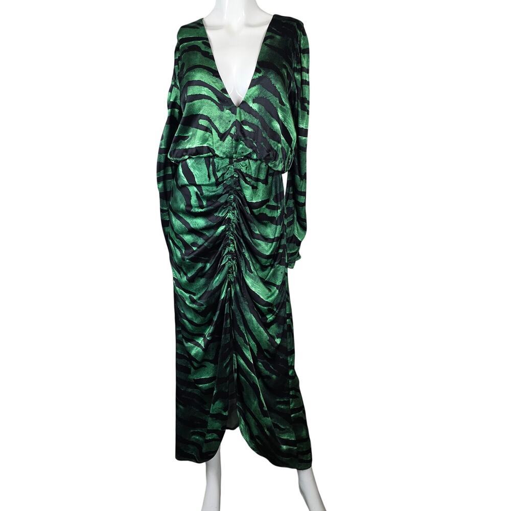 Topshop Green Zebra Print Midi Dress Ruched Front Long Sleeve V Neck Sz 8 - Picture 8 of 11